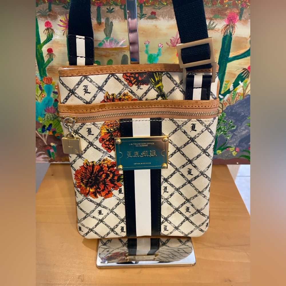 L.A.M.B. Gwen Stefani, Leather, PVC, Marigold, Black/White Mini Crossbody Bag
